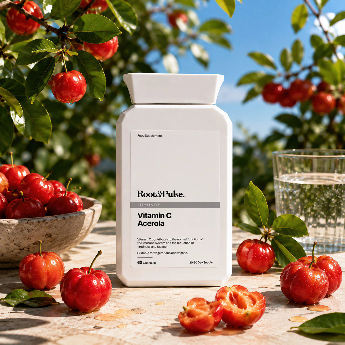 A white bottle of Root&Pulse Vitamin C Acerola dietary supplement placed on a stone surface outdoors, surrounded by fresh red acerola cherries, green leaves, a bowl of cherries, and a glass of water under a blue sky.
