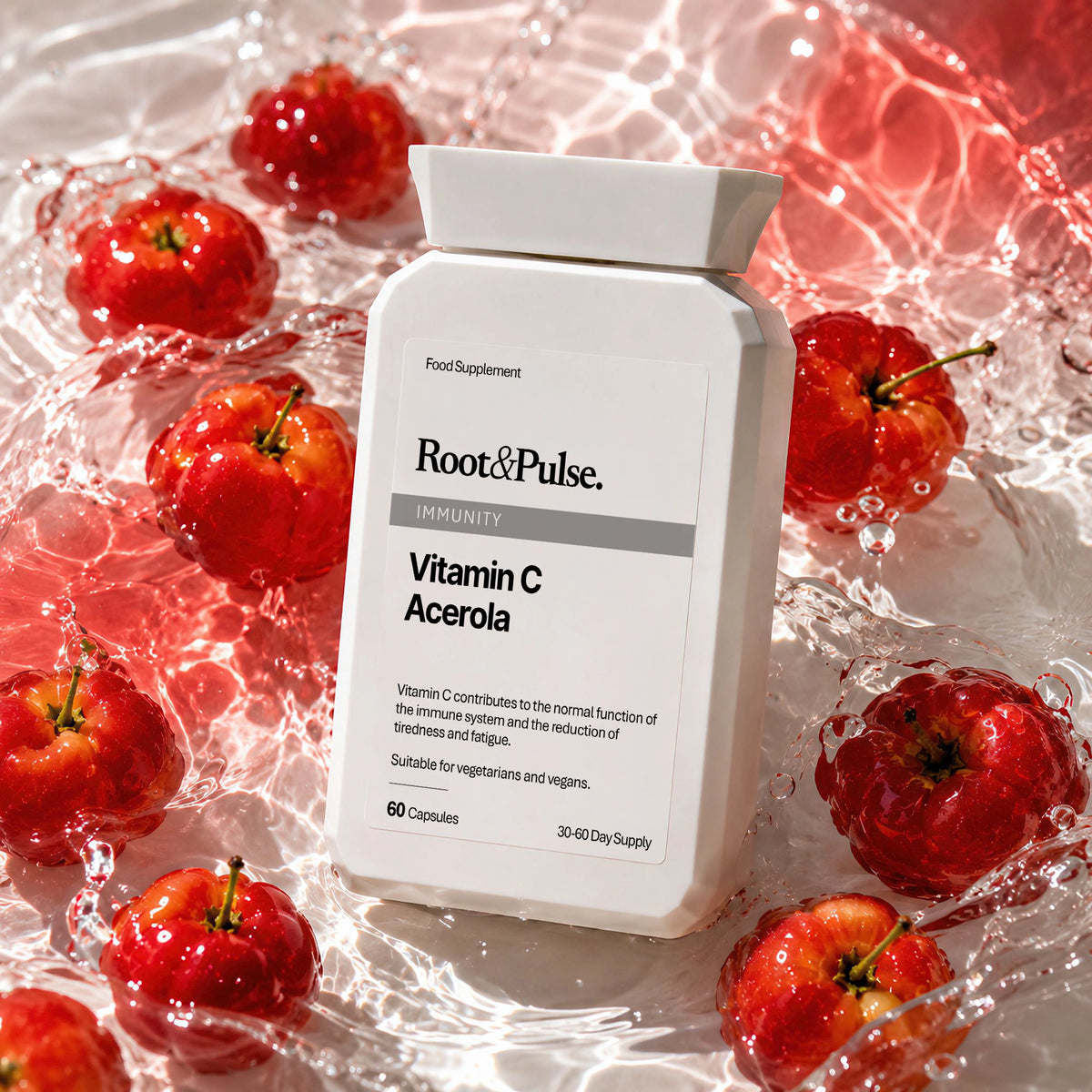 A white bottle of Root & Pulse Immunity Vitamin C Acerola food supplements, surrounded by fresh red acerola fruits and splashing water.