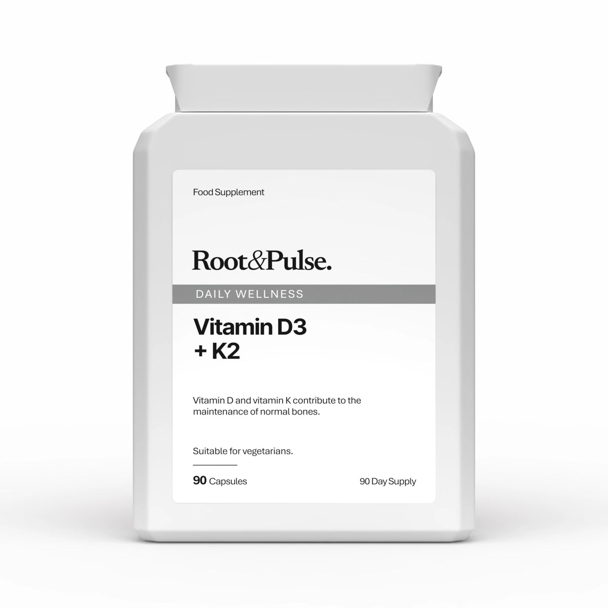 A white plastic bottle of Root & Pulse Vitamin D3 + K2 dietary supplement capsules, shown on a clean white background.