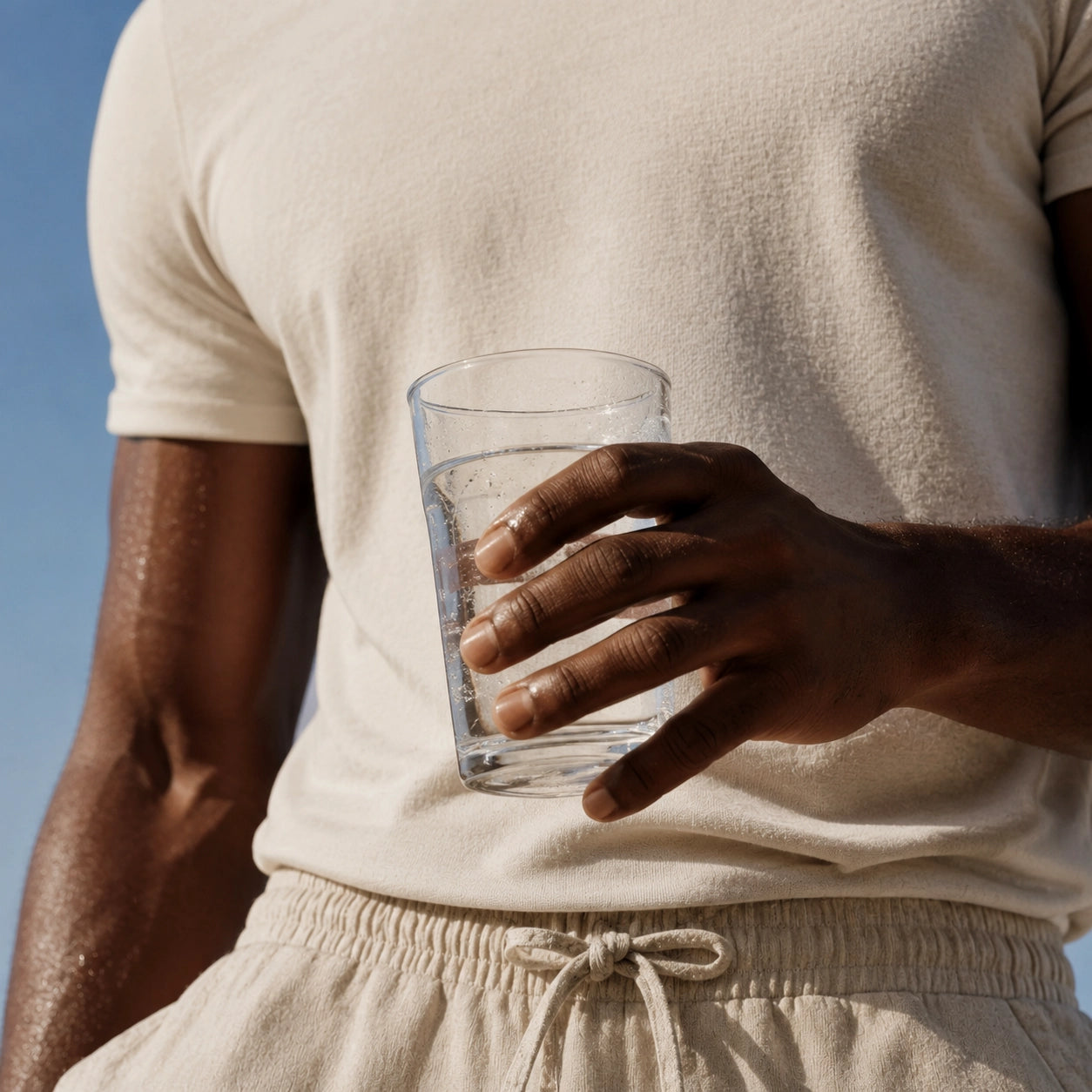 A close-up lifestyle shot of a person wearing a beige short-sleeve t-shirt and matching drawstring shorts, holding a clear glass of water against a bright blue sky.
