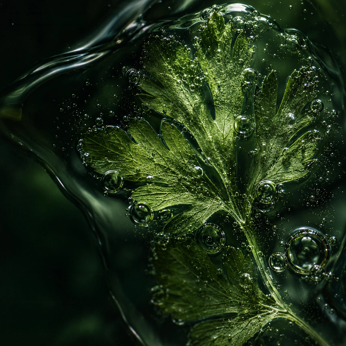 A close-up macro photograph of a green leaf suspended in clear liquid with visible air bubbles and glossy highlights against a very dark green background.