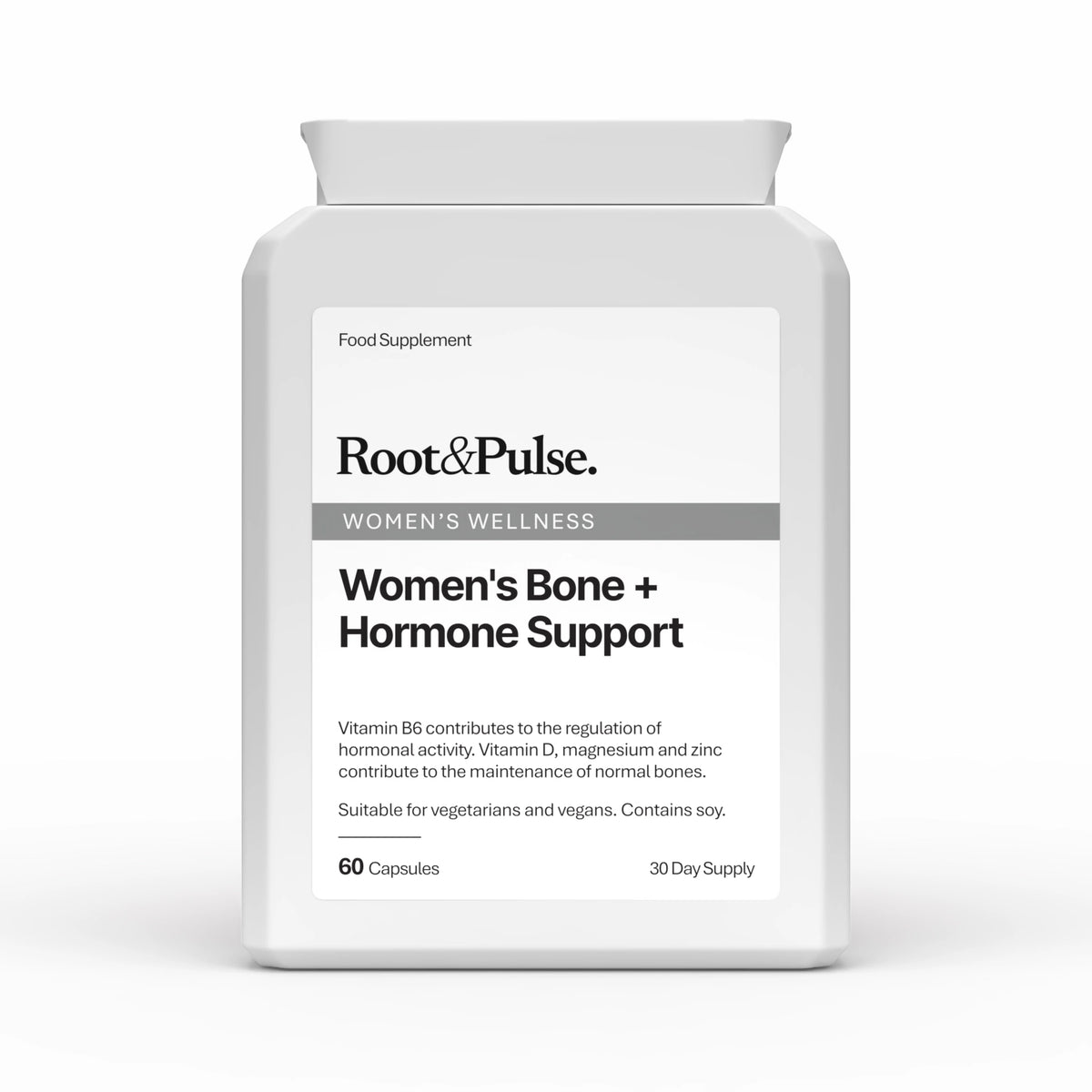 A white plastic bottle of Root&Pulse Women's Bone + Hormone Support dietary supplement with a clean white label, shown on a solid white background.