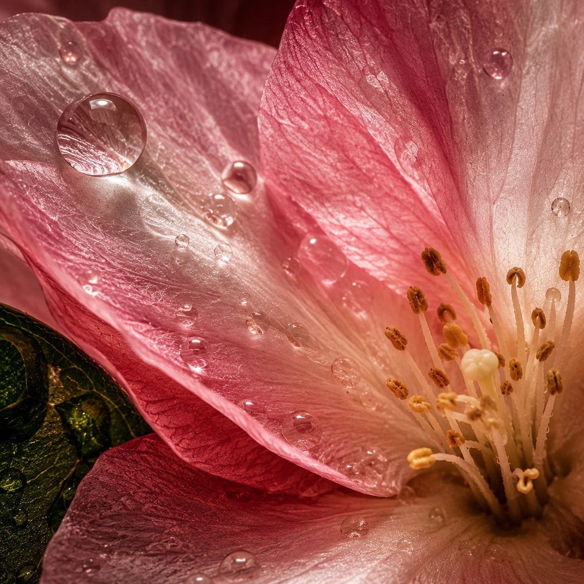 Macro close-up of a pink flower with glistening water droplets on its petals and a visible yellow-orange center.