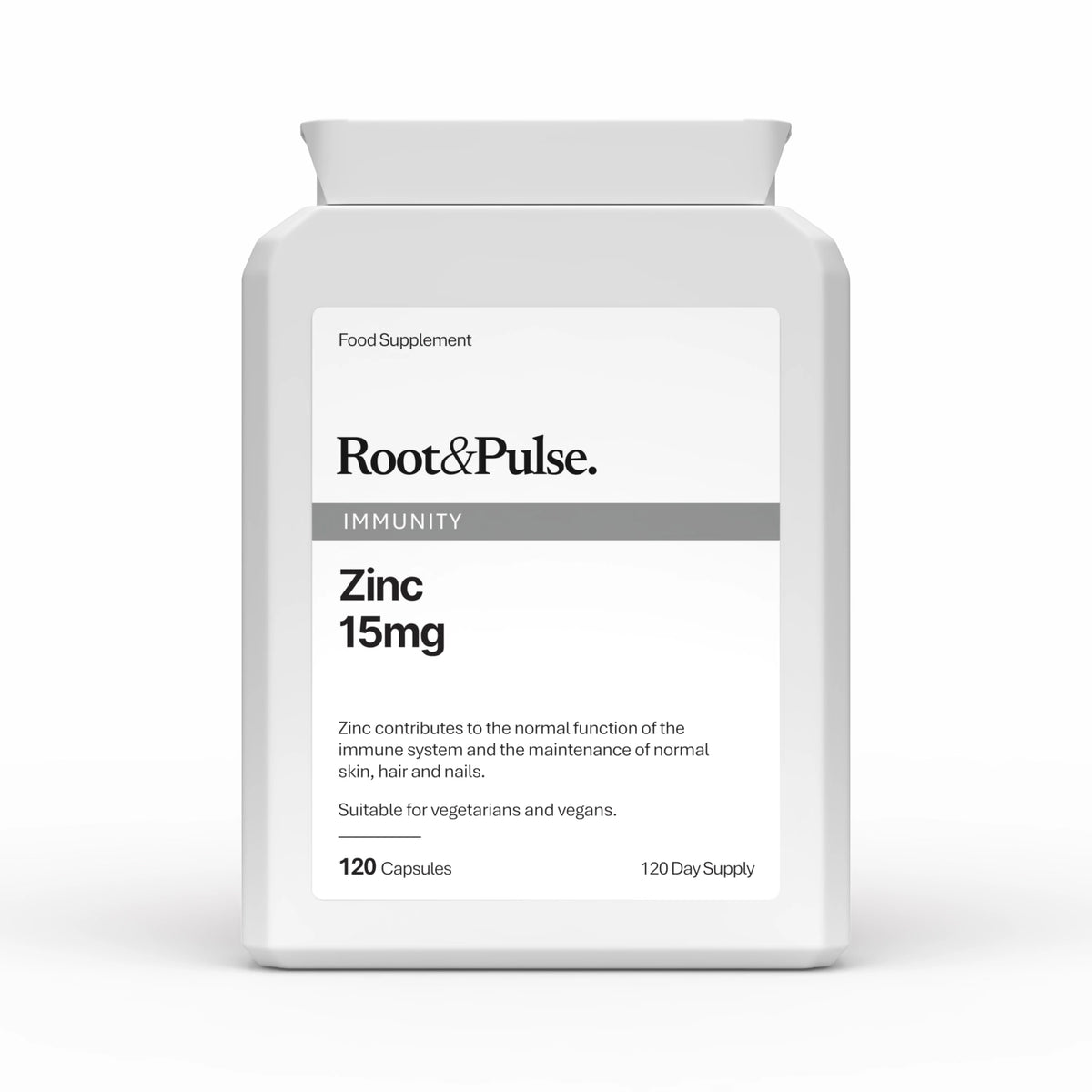 A white plastic bottle of Root&Pulse Zinc 15mg food supplement, shown on a clean white background with a soft shadow.