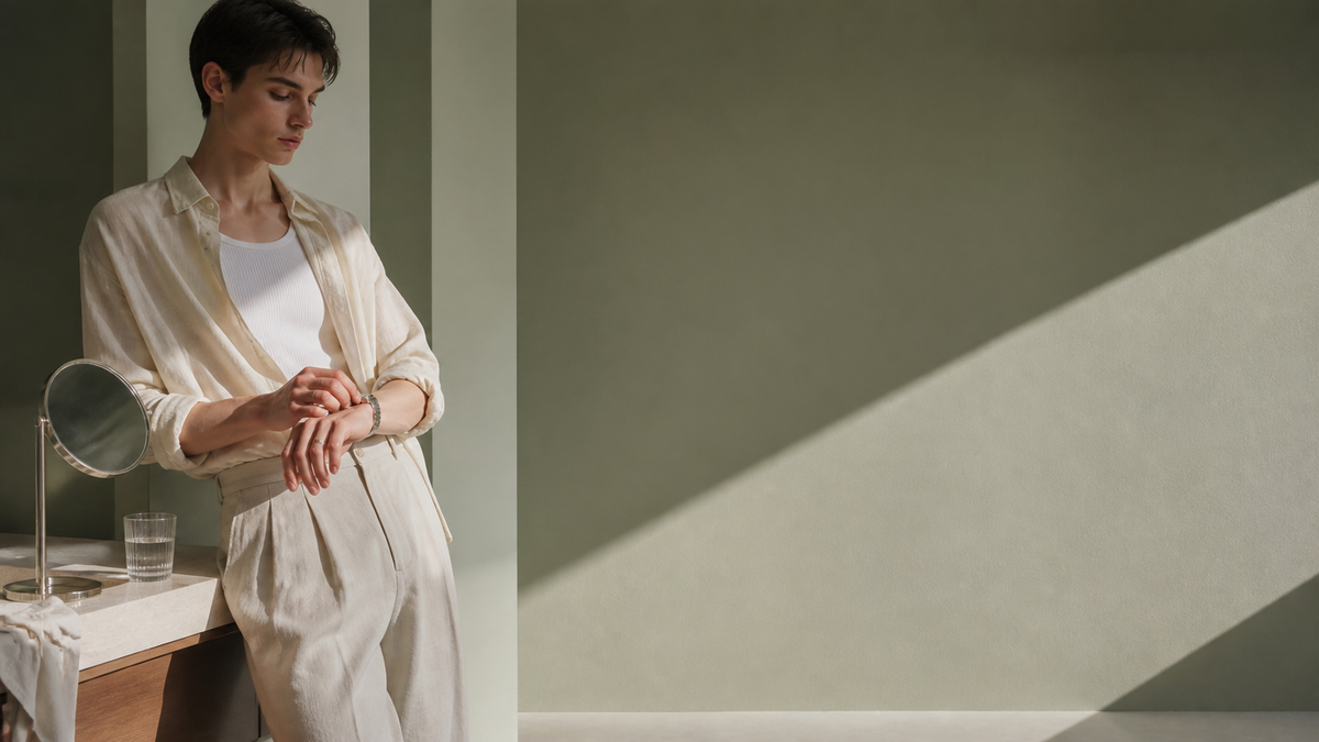 Editorial morning routine in cream tailoring and muted sage light