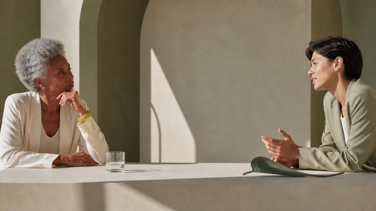 Two people in a calm conversation across a minimalist stone table